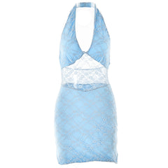 Halter lace patchwork v neck backless mini dress