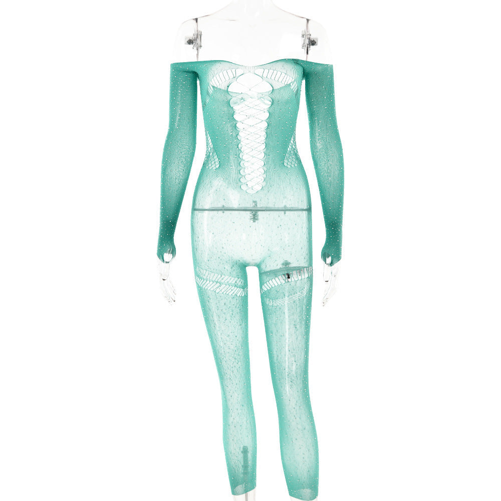 Off shoulder long sleeve beaded hollow out jumpsuit