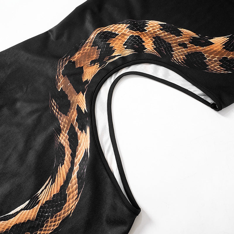 Sleeveless crewneck snake print hollow out slit maxi dress