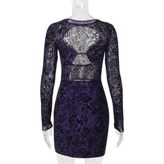 Long sleeve hollow out lace button mini dress