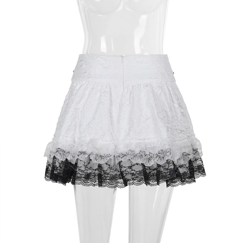 Lace up metal chain lace hem mini skirt