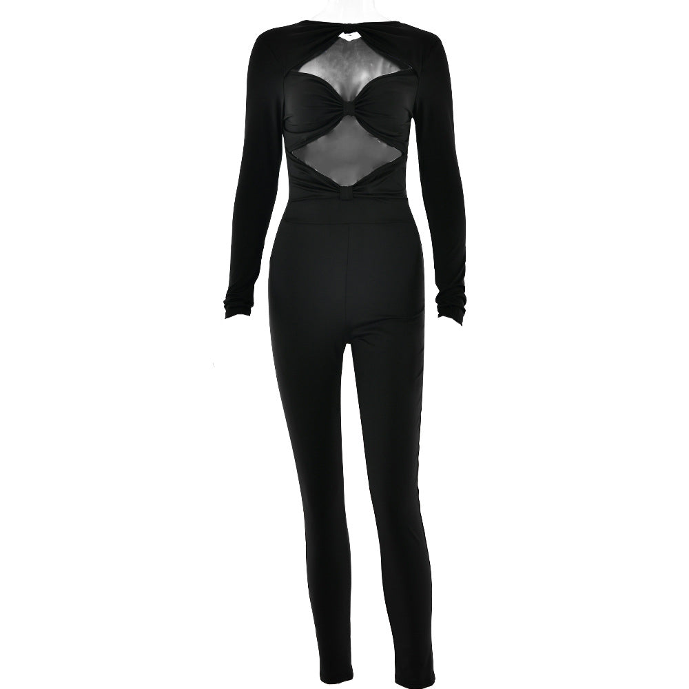 Long sleeve hollow out ruched solid jumpsuit