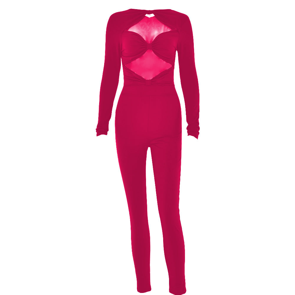 Long sleeve hollow out ruched solid jumpsuit