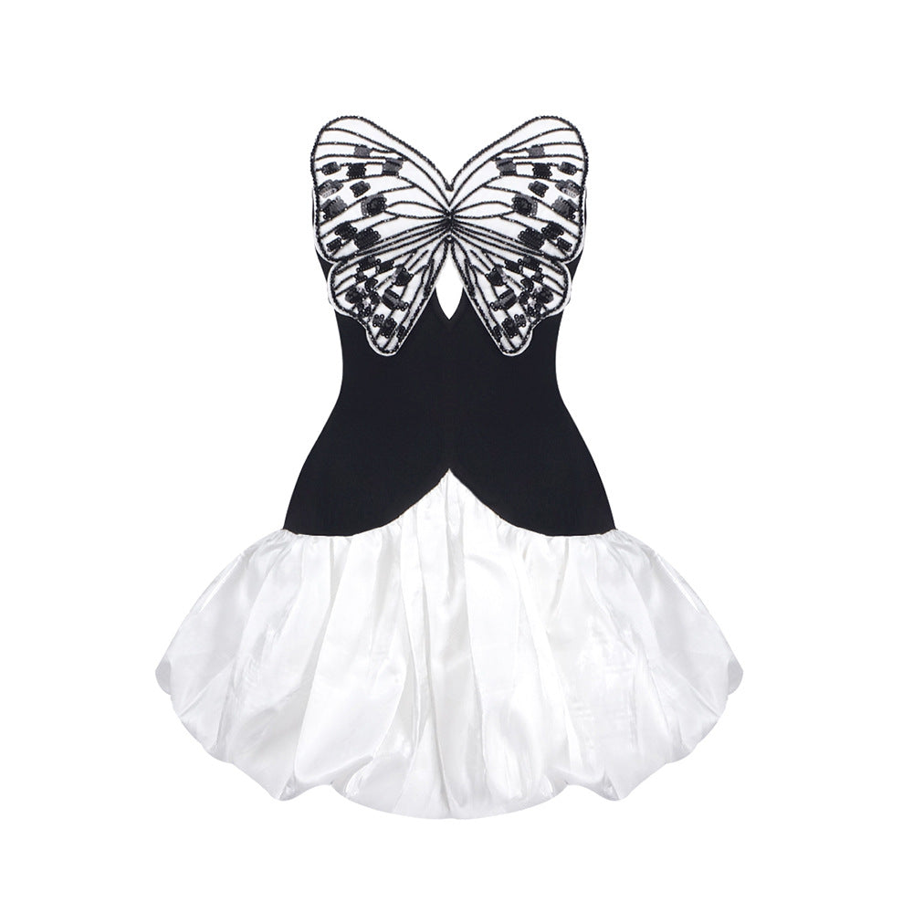 Irregular ruffle butterfly pattern contrast tube mini dress