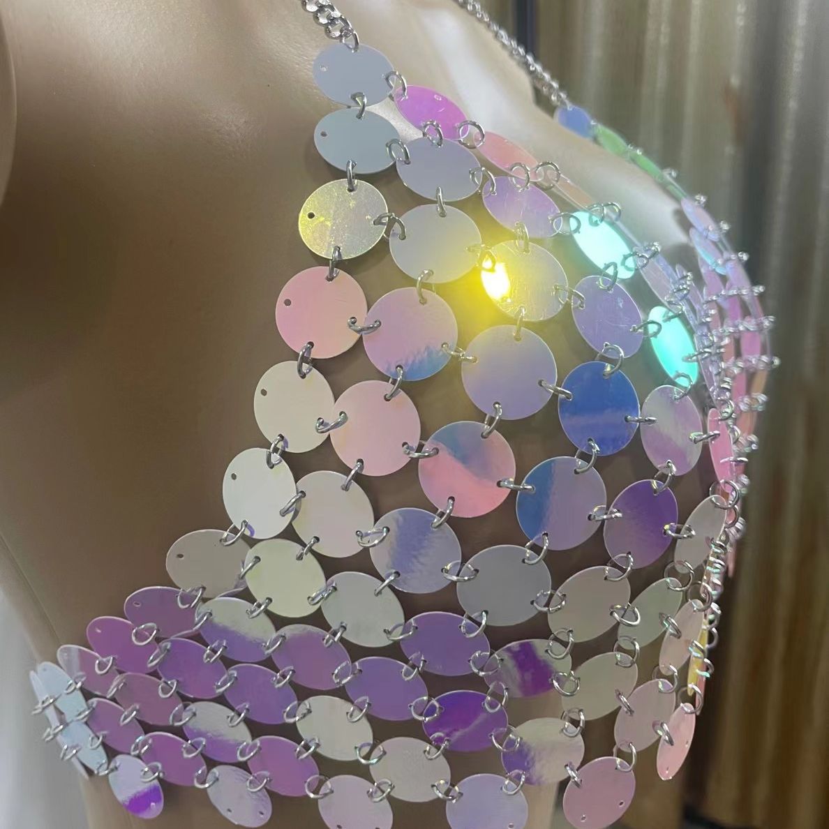 Halter glitter hollow out metal chain top