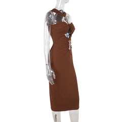 Halter hollow out o ring ruched maxi dress