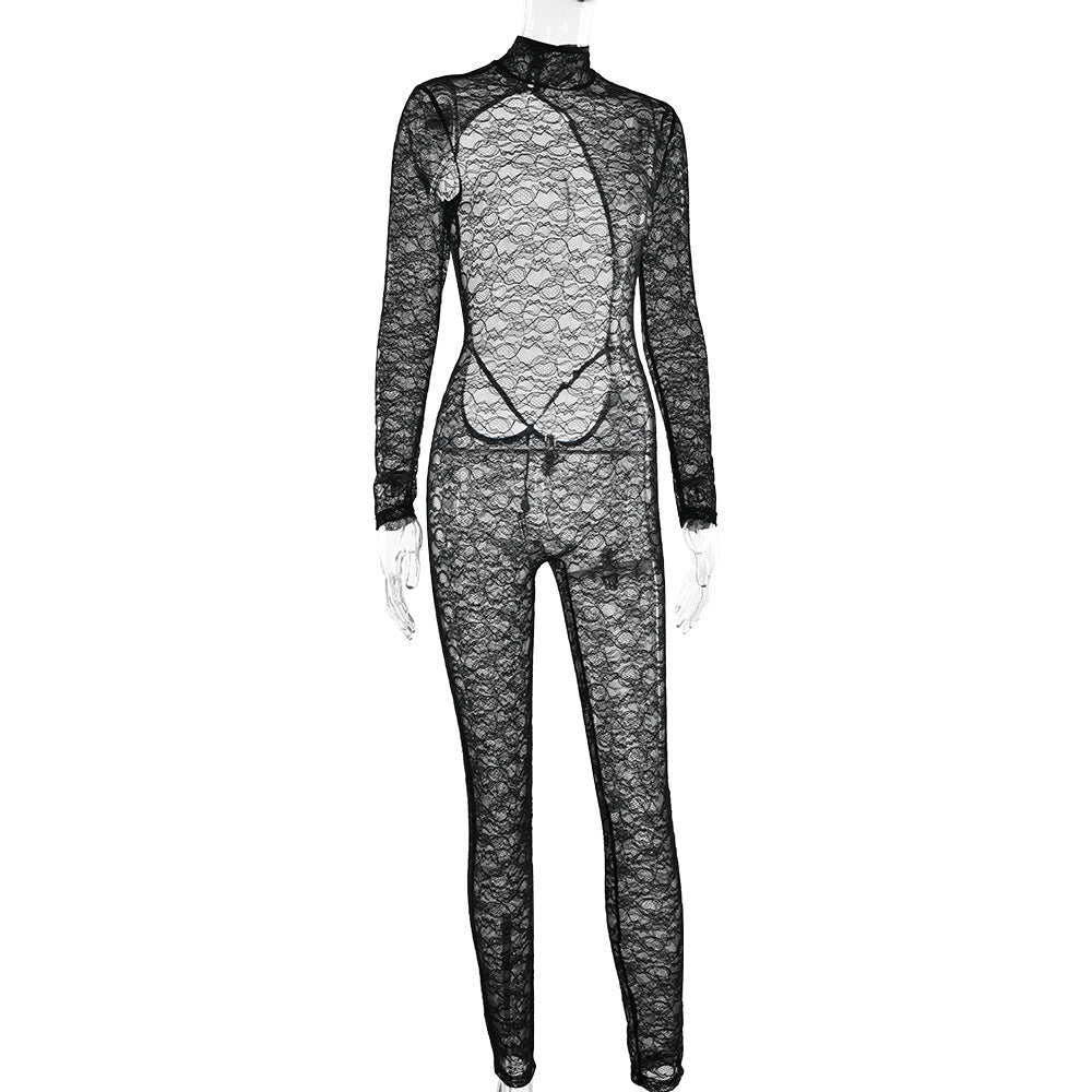 High neck long sleeve lace backless jumpsuit