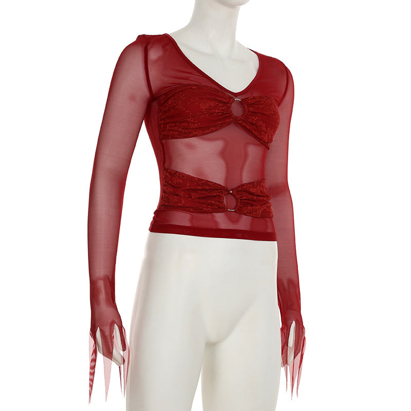 V neck long sleeve o ring lace mesh top