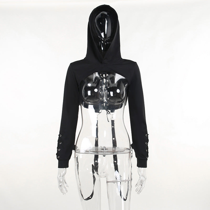Hoodie long sleeve o ring lace up top