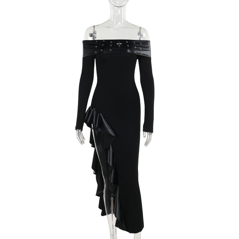 Off shoulder long sleeve PU leather slit ruffle maxi dress
