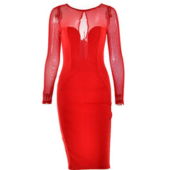 Long sleeve mesh patchwork button midi dress  | red tango dress