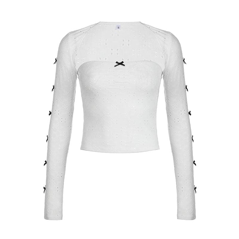 Hollow out bowknot contrast long sleeve shrug 2 piece tube cut out top