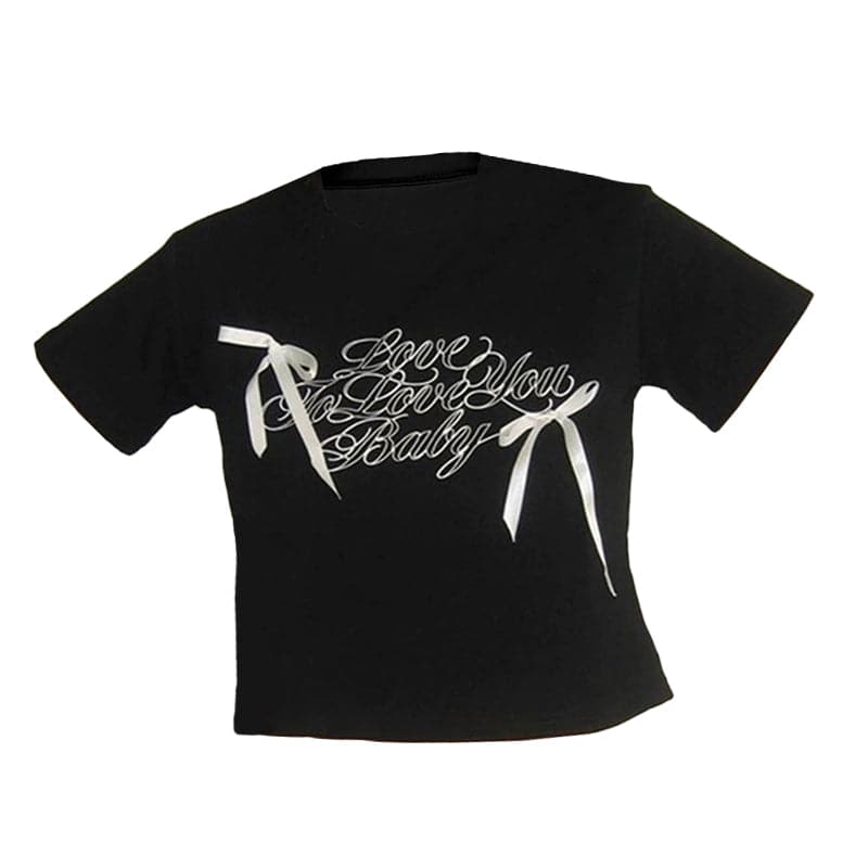 Short sleeve bowknot crewneck letter print top