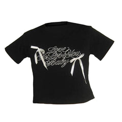 Short sleeve bowknot crewneck letter print top