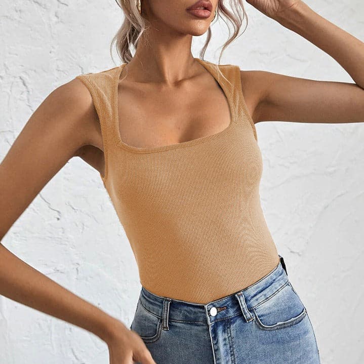 Square neck low cut sleeveless solid ribbed top