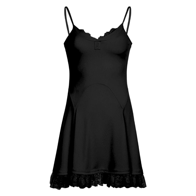 V neck lace hem ruffle cami mini dress