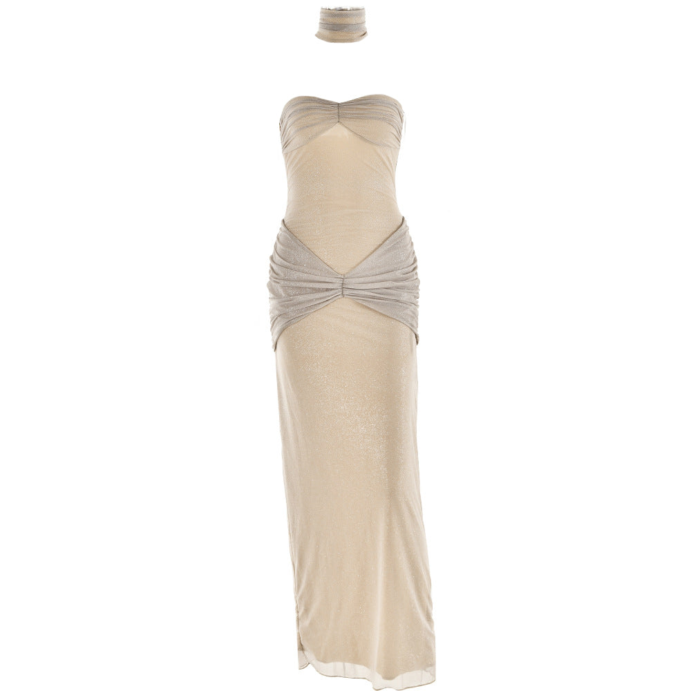 Sweetheart neck glitter ruched 2 piece tube maxi dress