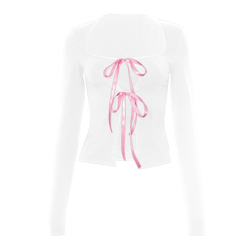 Long sleeve bowknot hollow out ribbon top