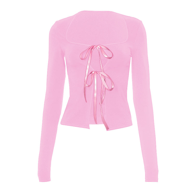 Long sleeve bowknot hollow out ribbon top
