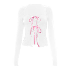 Long sleeve bowknot hollow out ribbon top