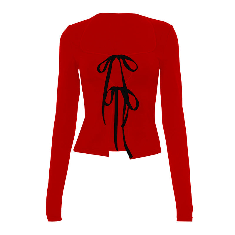 Long sleeve bowknot hollow out ribbon top
