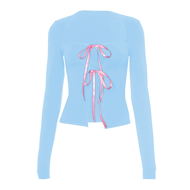 Long sleeve bowknot hollow out ribbon top