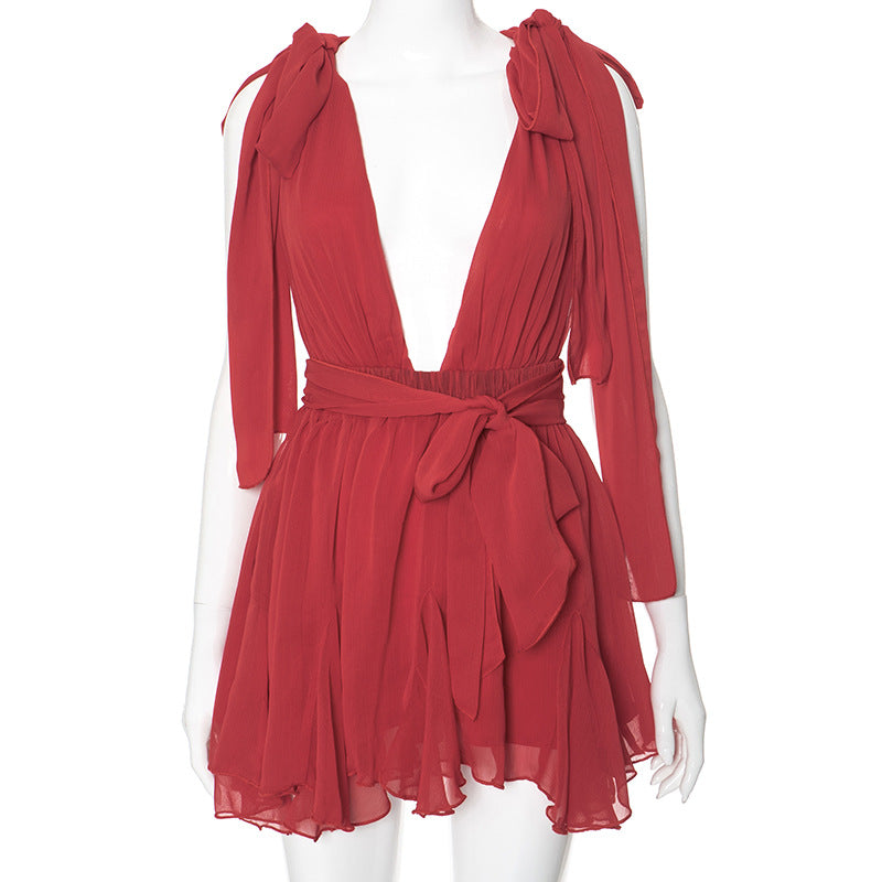 Deep v neck chiffon backless knotted ruffle mini dress  | red tango dress