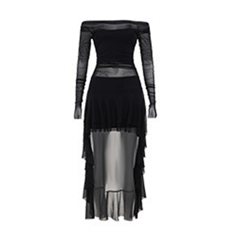 Off shoulder long sleeve ruffle mesh midi dress