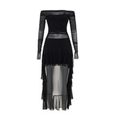 Off shoulder long sleeve ruffle mesh midi dress