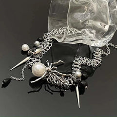 Faux pearl spider decor rivet choker necklace