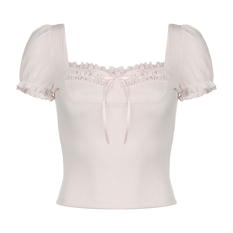 Short puff sleeve ribbed bowknot ruffle top