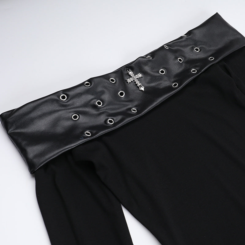 Off shoulder long sleeve PU leather slit ruffle maxi dress