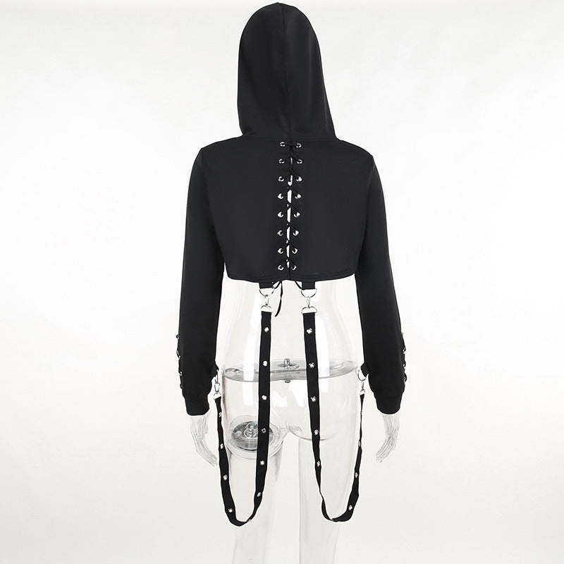 Hoodie long sleeve o ring lace up top