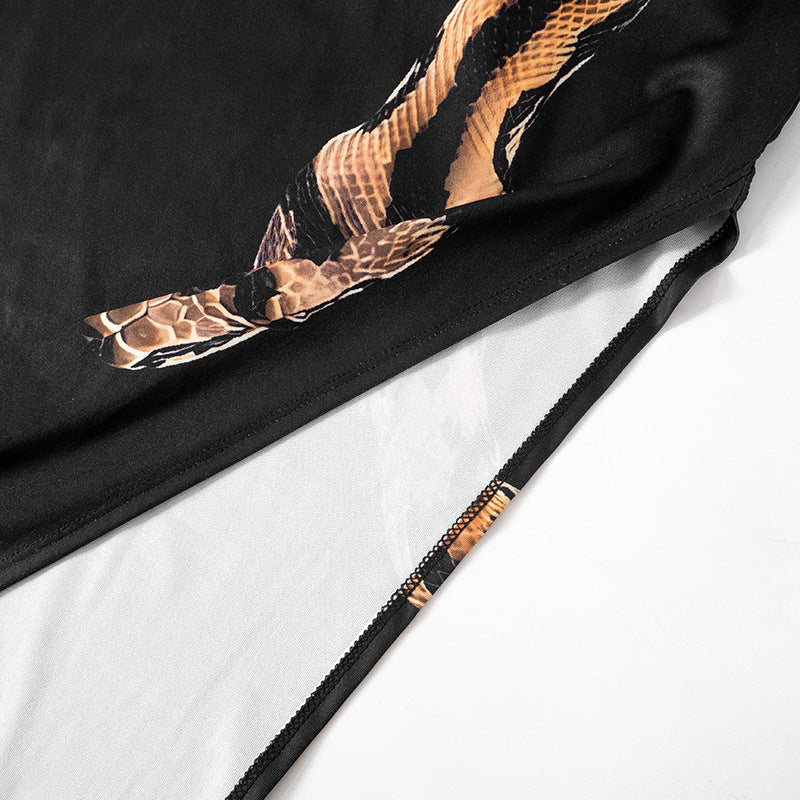 Sleeveless crewneck snake print hollow out slit maxi dress