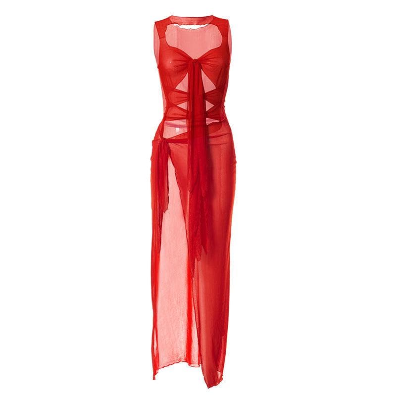 Sheer mesh see through knotted hollow out slit maxi dress  | red tango dress  | samba dress