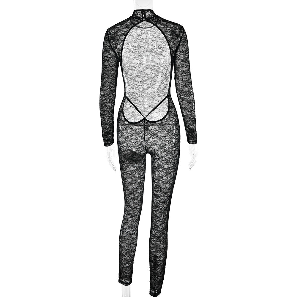 High neck long sleeve lace backless jumpsuit