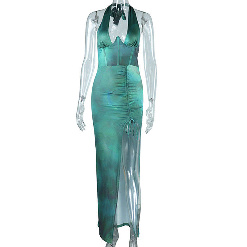 Halter corset deep v neck drawstring ruched slit maxi dress