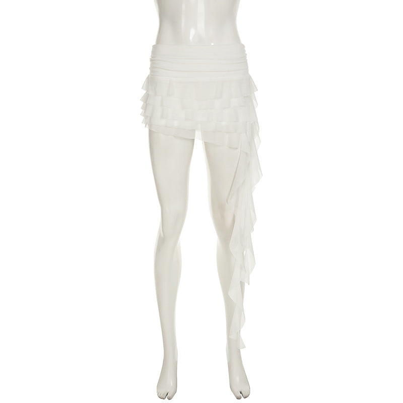 Mesh ruffle irregular mini skirt