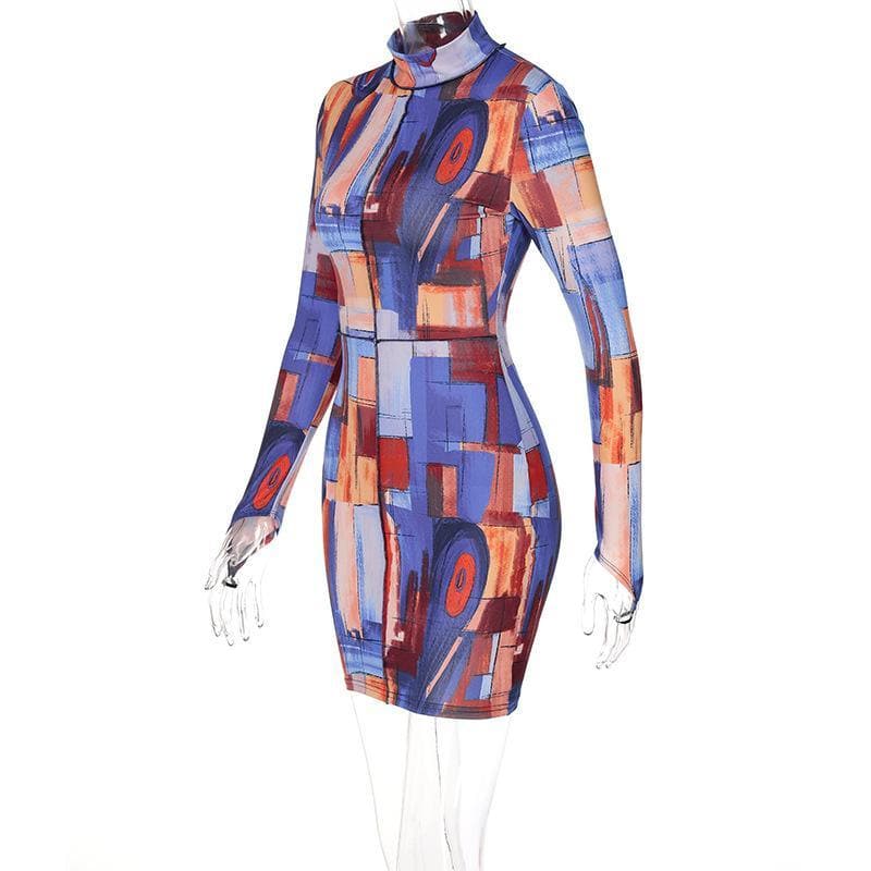 High neck printed mini dress
