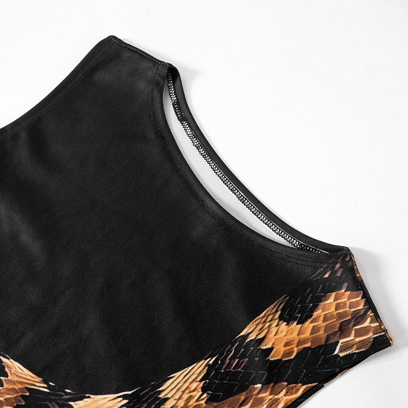 Sleeveless crewneck snake print hollow out slit maxi dress