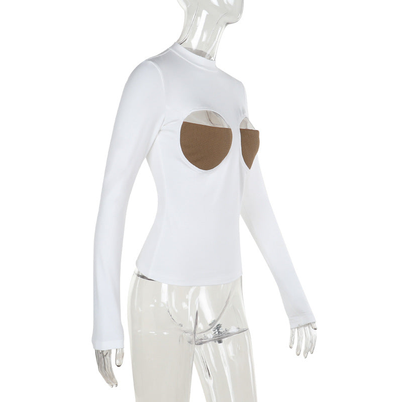 Long sleeve crewneck patchwork hollow out top