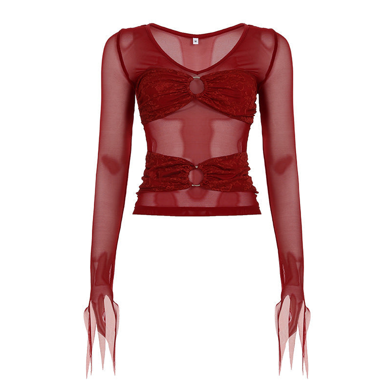 V neck long sleeve o ring lace mesh top