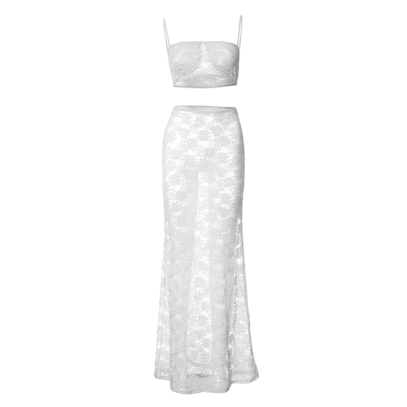 Sheer lace see through tube maxi skirt set