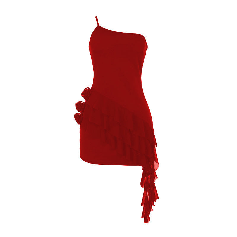 One shoulder ruffle flower applique mini dress  | red tango dress