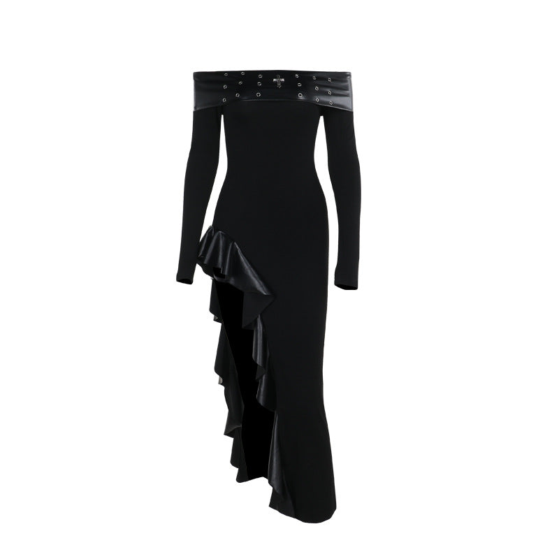 Off shoulder long sleeve PU leather slit ruffle maxi dress