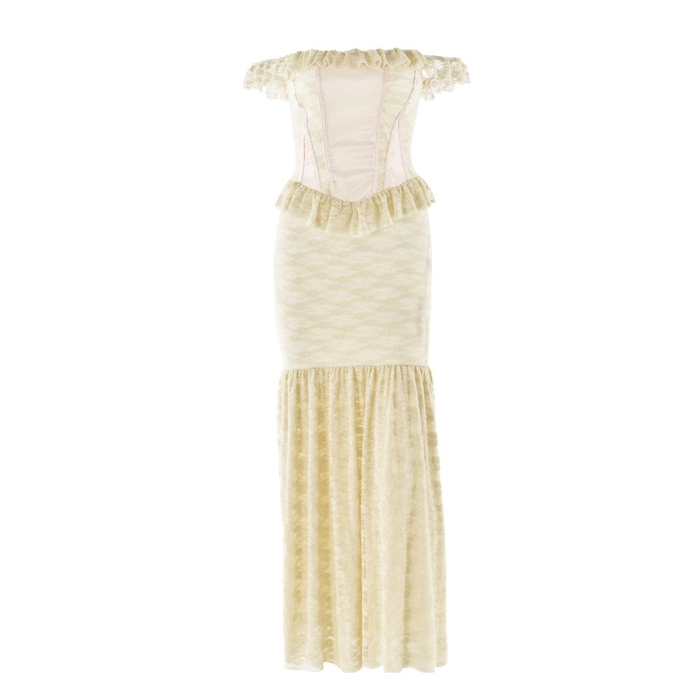Off shoulder bustier lace patchwork ruched maxi dress