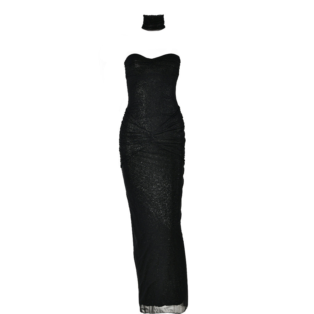 Sweetheart neck glitter ruched 2 piece tube maxi dress
