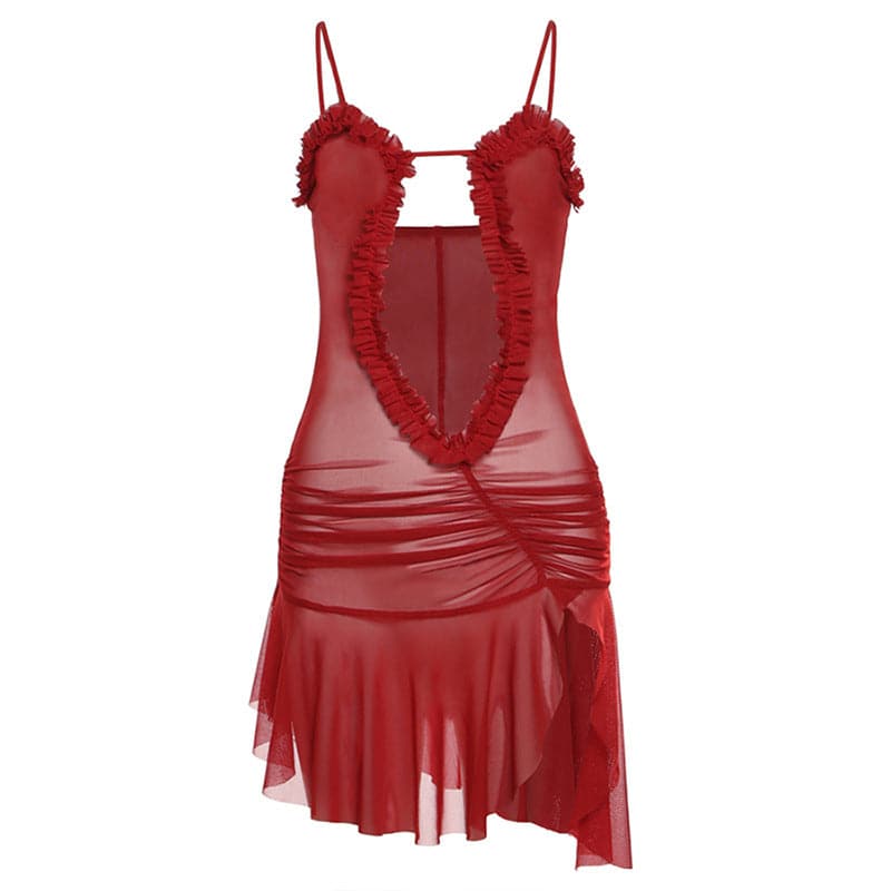 Ruched ruffle slit sheer mesh hollow out cami mini dress  | red tango dress  | samba dress