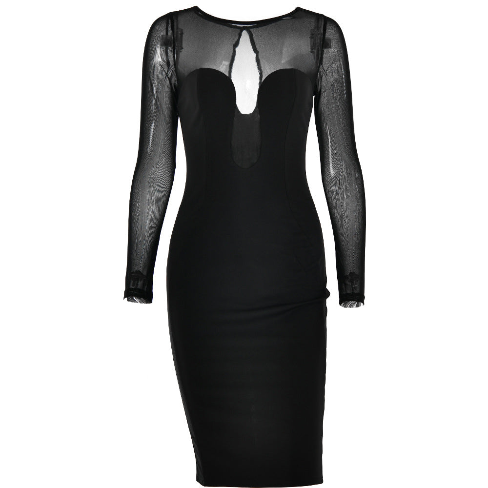 Long sleeve mesh patchwork button midi dress  | red tango dress
