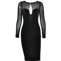Long sleeve mesh patchwork button midi dress  | red tango dress